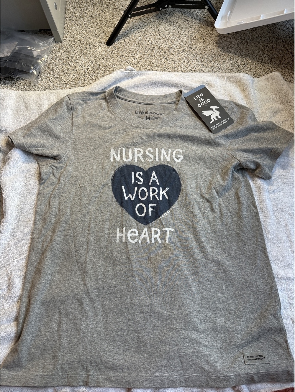 Life is Good Nursing Is a Work of Heart Gray T-Shirt Medium